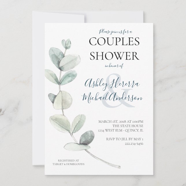 Par Shower Inbjudan i Modern Watercolor Eucalyptus (Framsida)