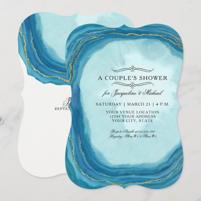 Par Shower Modern Simple Geode Blue Typography Inbjudningar (Fram/baksida)