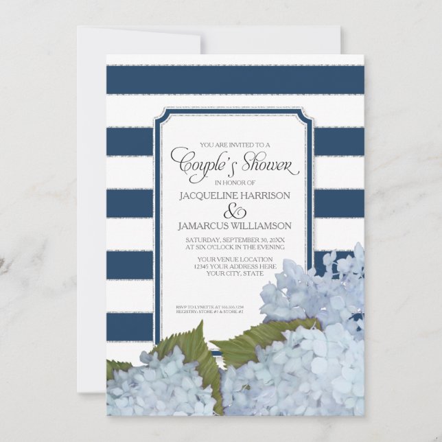 Par Shower Navy Blue Hydrangea Script Art Deco Inbjudningar (Framsida)