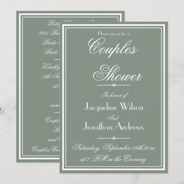 Par Shower Sage Grönt Simple Rustic Namn OSA Inbjudningar (Fram/baksida)
