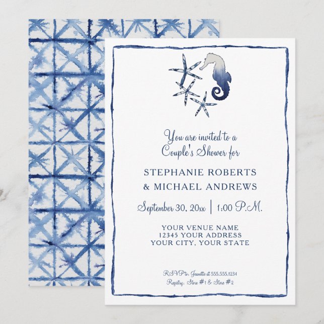 Par Shower Shibori Seahorse Starfish Beach Art Inbjudningar (Fram/baksida)