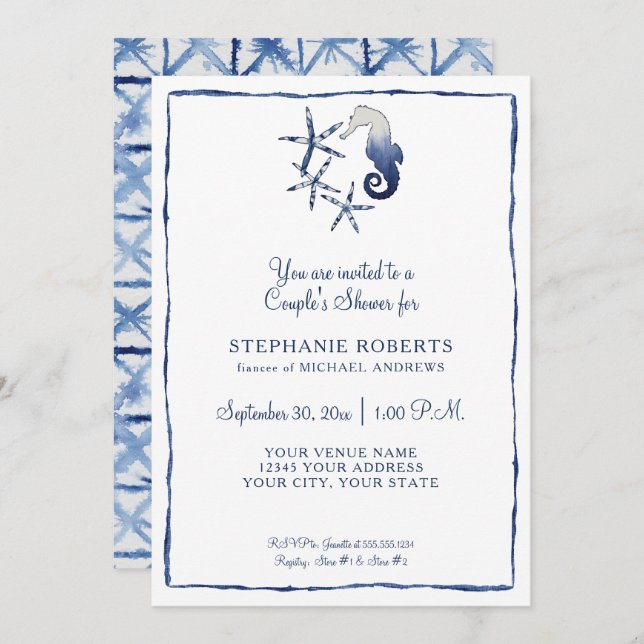 Par Shower Shibori Seahorse Starfish Beach Art Inbjudningar (Fram/baksida)