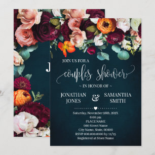 Par Shower Vin Burgundy Flowers Navy Bröllop Inbjudningar