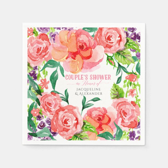 Par Shower Watercolor Modern Rosa Blommigt Ro Pappersservett (Framsidan)