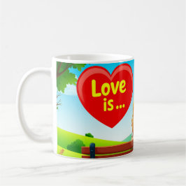 Par sittande på en bänk med kärlekstitel kaffemugg