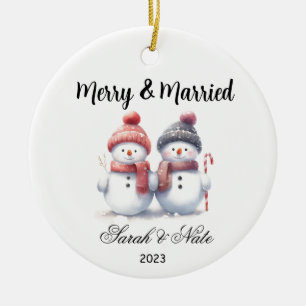 Par Snögubbe Merry & Married Bröllop Julgransprydnad Keramik