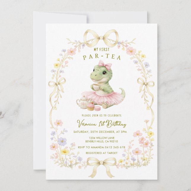 Par-Tea Dino 1-årsdag vildblomma  Inbjudningar (Framsida)