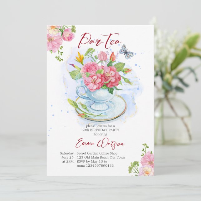 Par-tea födelsedagsfest kopp fylld med blommor inbjudningar (Stående Fram)