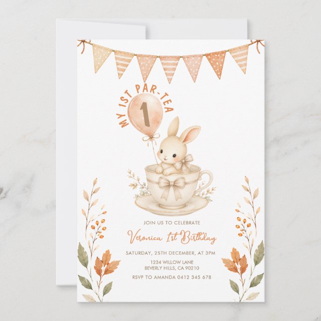 Par-Tea Kanin 1-årsdag Höst höst Blommig  Inbjudningar (Framsida)