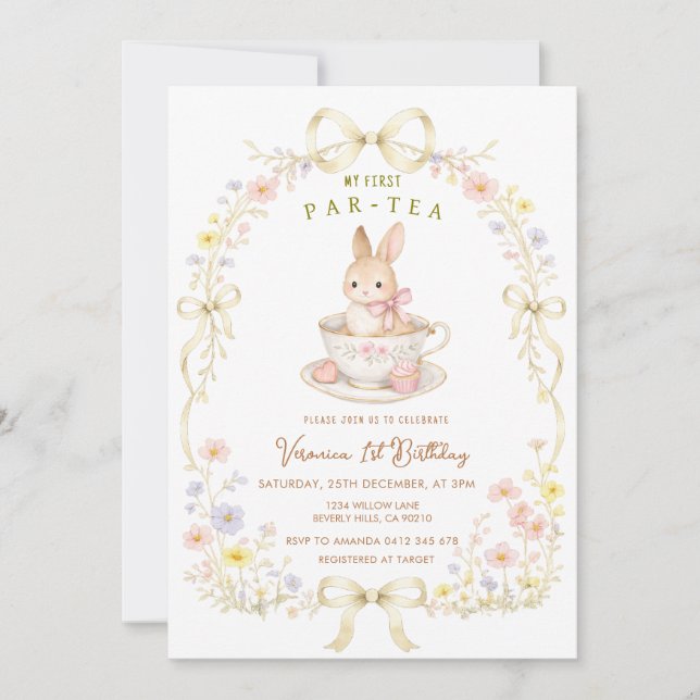 Par-Tea Kanin 1-årsdag vildblomma  Inbjudningar (Framsida)