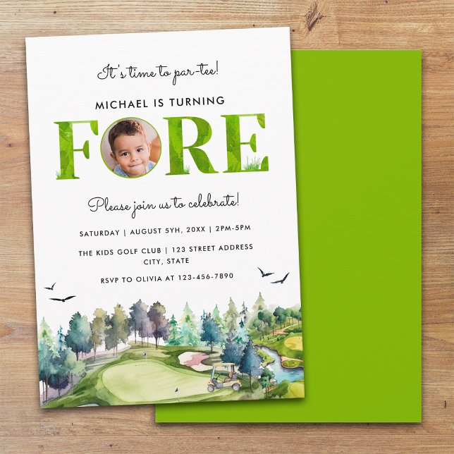 Par-tee 4e födelsedagen Golf First Birthday Photo Inbjudningar (Front and Back)