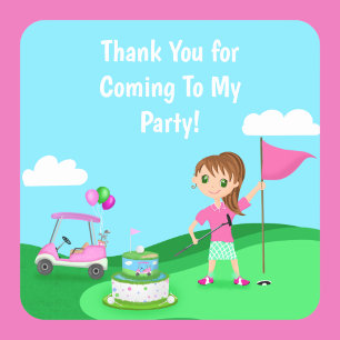 Par-Tee Chibi Flicka Födelsedagsfest Golfparty Fyrkantigt Klistermärke