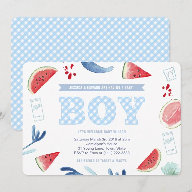 Par utomhus Gingham Baby Shower for Boy Inbjudningar (Fram/baksida)