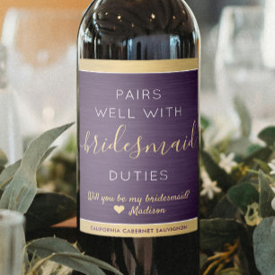 Par well Bridesmaid Frieri Brushed Lila Guld Vinflaska Etikett