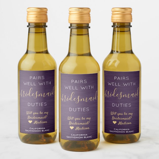 Par well Bridesmaid Frieri Lila & Guld Mini Vinetikett (Flaskor)