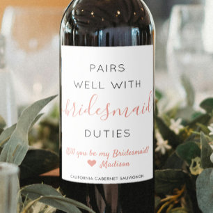Par well Bridesmaid Frieri Modern Rosa Script Vinflaska Etikett