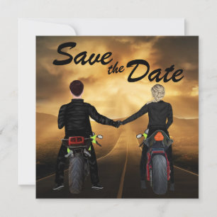 Para Riding MotorCycles Magic Sunset Bröllop Spara Datumet