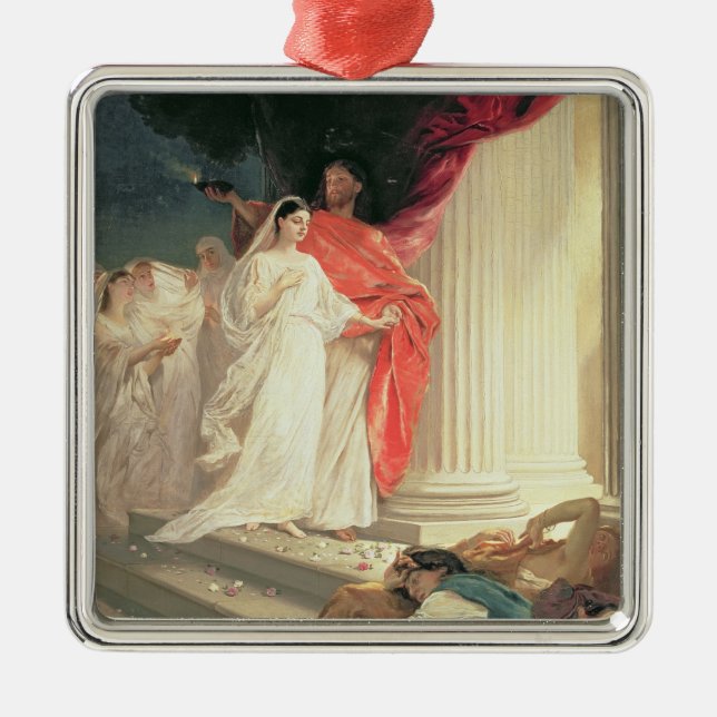 Parabel av de kloka och dåraktiga oskulderna, 1886 julgransprydnad metall (Framsidan)