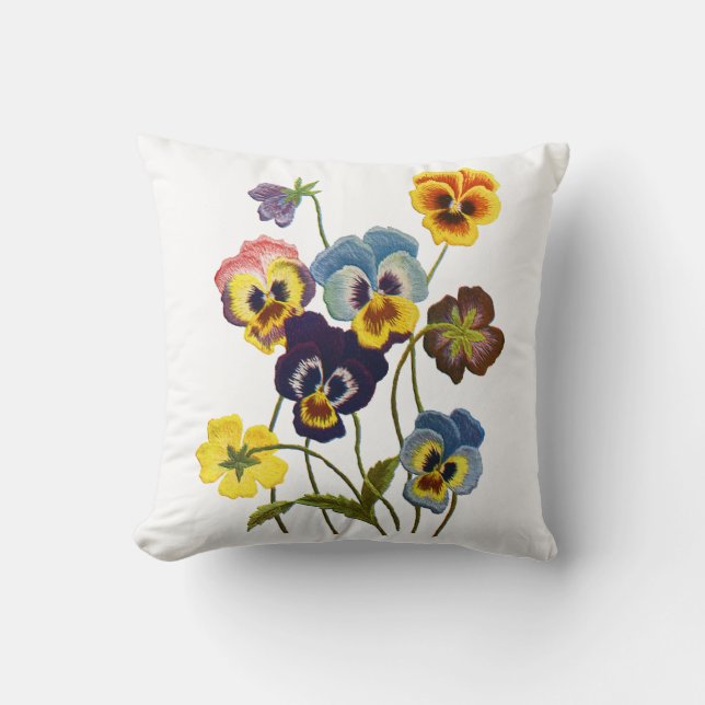 Parad i Pansies Faux Crewel Embroidery Pillow Kudde (Framsida)