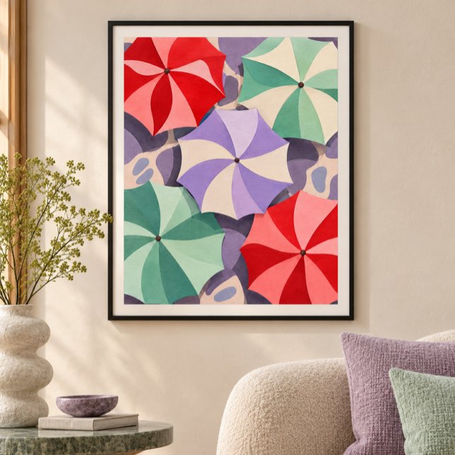Parad Konsttryck för Paraplyer Poster (Styled display of Umbrella Parade Art Print. Frame, mat and furnishings shown for illustration; select framing options separately.)