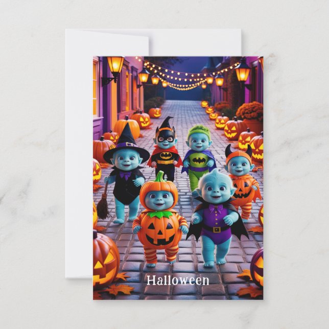 Parad med färgade Halloween-tecken med kostuderade Kort (Framsida)