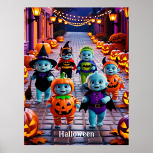 Parad med färgade Halloween-tecken med kostuderade Poster