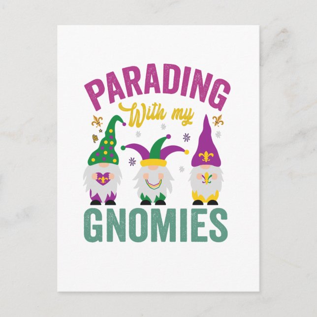 Paraderar med mina Gnomies Roliga Mardi Gras Gnome Vykort (Framsida)