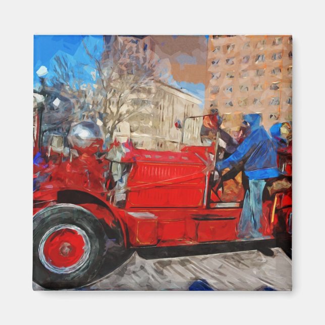 Parading Antique Fire Lastbil Abstrakt Impressioni Magnet (Framsidan)