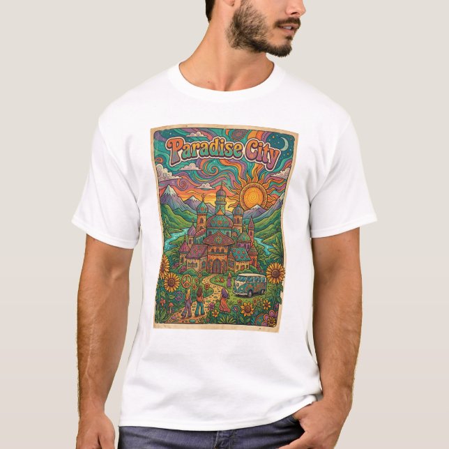 Paradis stad psykedelisk hippie stil design sommar t shirt (Framsida)