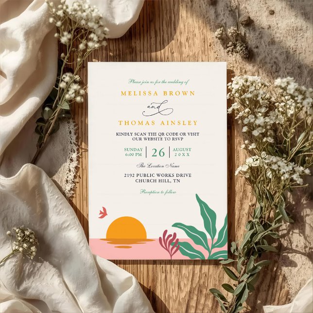 Paradise Beach Tropical Vintage QR Code Wedding Inbjudningar (Skapare uppladdad)