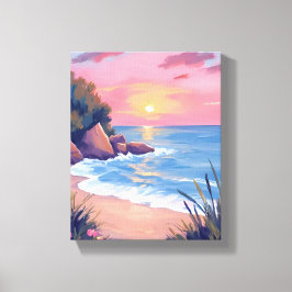 Paradise Cove | Pink Watercolor Ocean Waves Sunset Canvastryck