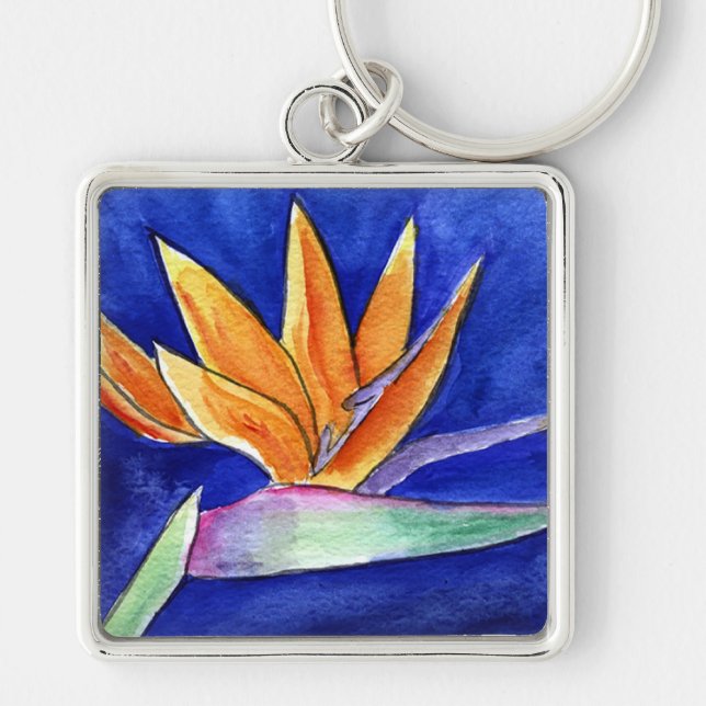 Paradise Flower Painting Art Keychain (fallskärm) Fyrkantig Silverfärgad Nyckelring (Framsidan)
