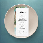 Paradise Handflatan Tropical Beach Wedding Meny<br><div class="desc">Temat bröllop har en ren,  svart och vit design på framsidan med dina menyalternativ och en vattenfärgning av tropiska handflatan träd och flytande turkoshavet. Art av KL Lagrar</div>
