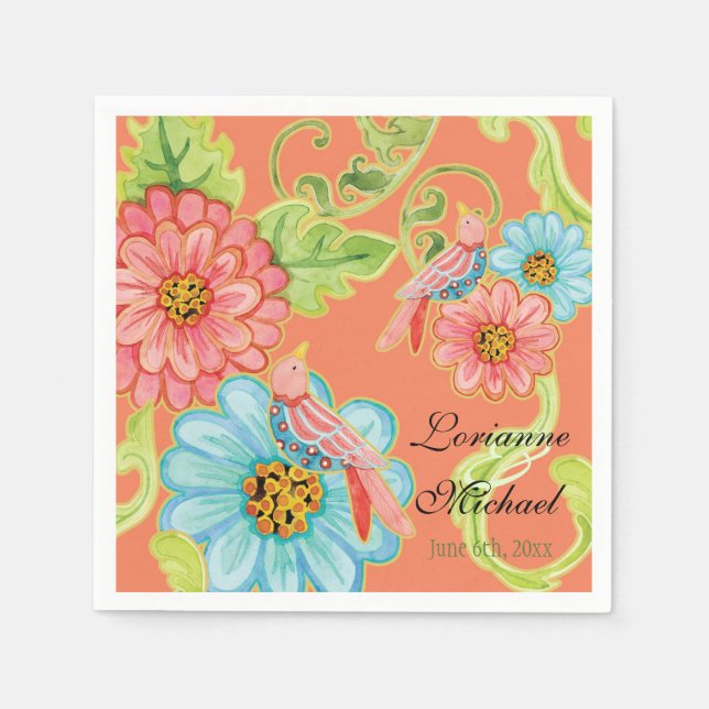 Paradise Love birds 3, Blommigt Modern Bröllop Dec Pappersservett (Framsidan)