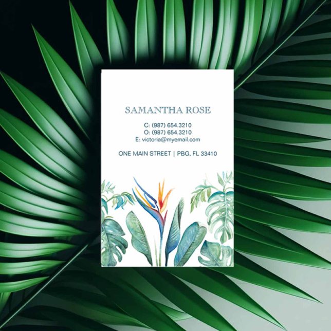 Paradise Monstera Handflatan Lövs Visitkort (Tropical business cards feature watercolor orange florals and palm leaves by Victoria Grigaliunas)