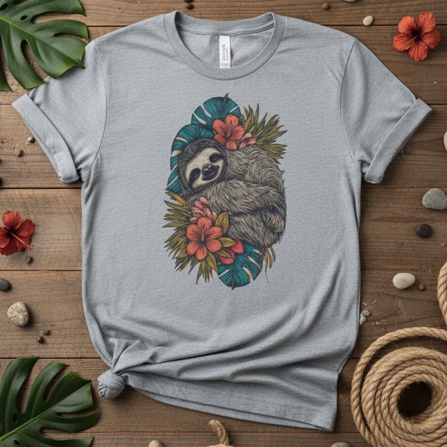 Paradise Nap Tropical Floral Sloth, Cute Vacation T Shirt (Skapare uppladdad)