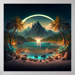 Paradise på natten med Crystal Clear Vatten Poster