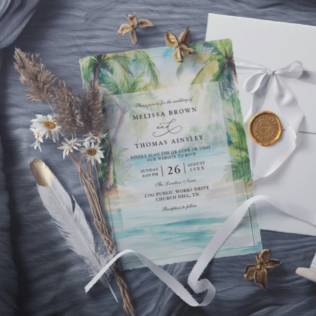 Paradise Palms Tropical Beach QR Code Wedding Inbjudningar (Skapare uppladdad)