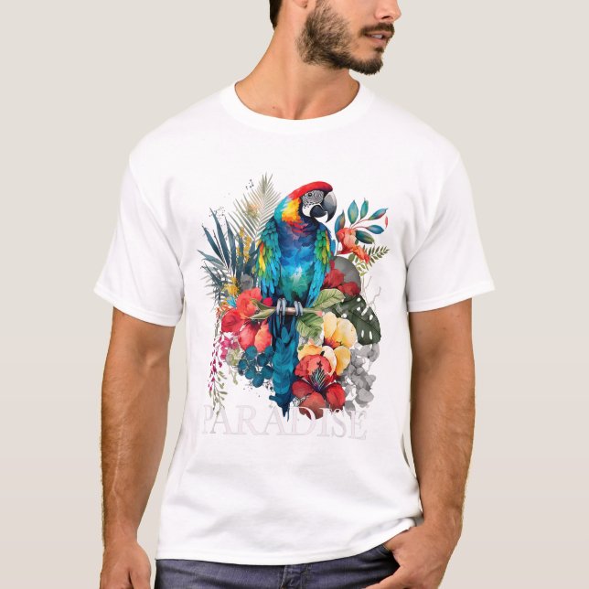 Paradise Parrot Tropical Bird Vacation Beach Flowe T Shirt (Framsida)