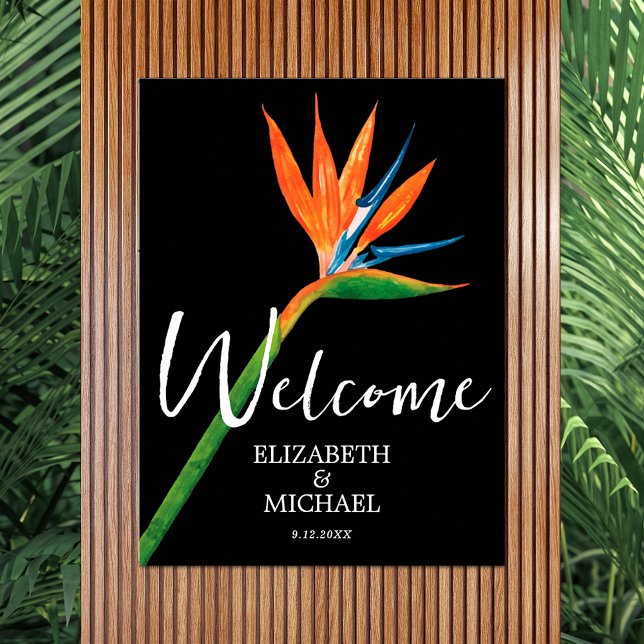Paradisets födelse vid Black Bröllop Välkommen Poster (Tropical bird of paradise on black wedding welcome poster - INSTANT DOWNLOAD and/or PRINTED)