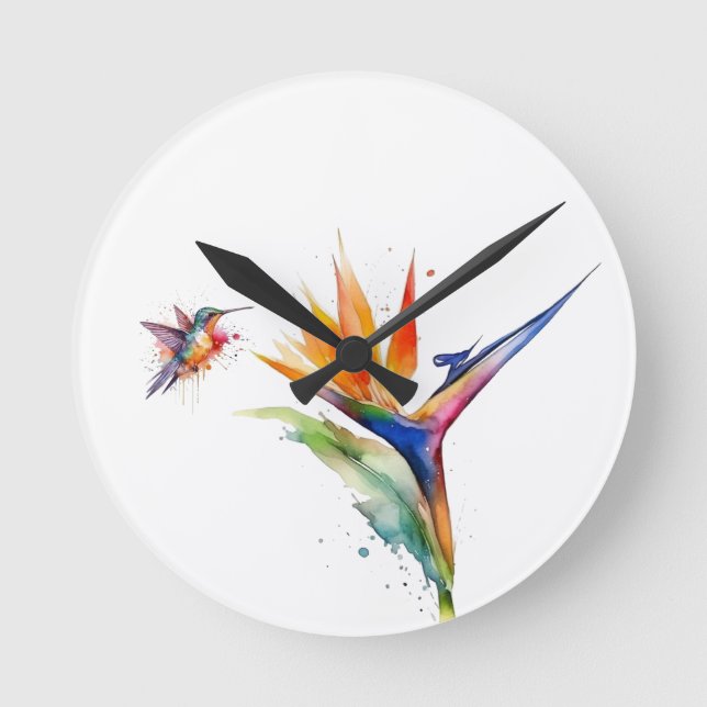 Paradisets och hummerfågelns fågel i vattenfärg rund klocka (Framsida)