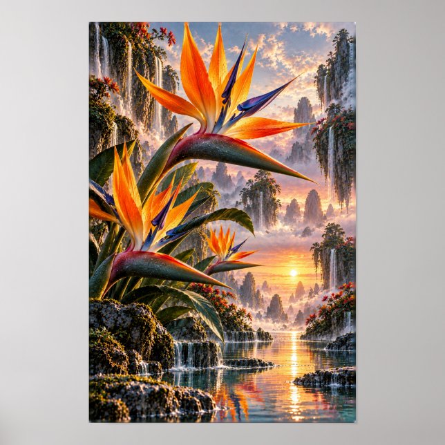 Paradisfågelsblommor i Solnedgång Vattenfall Dal Poster (Framsidan)