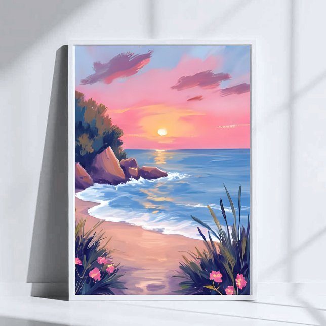 Paradisvik | Rosa akvarell havsvågor solnedgång Poster (Skapare uppladdad)