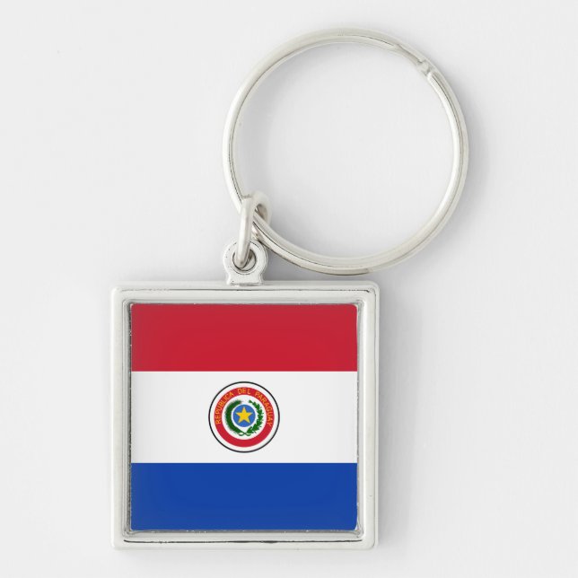 Paraguay Flagga Keychain Fyrkantig Silverfärgad Nyckelring (Framsidan)