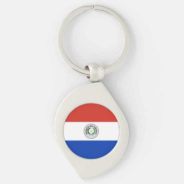 Paraguay Flagga Swirl Silverfärgad Nyckelring (Framsidan)