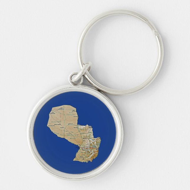 Paraguay Karta Keychain Rund Silverfärgad Nyckelring (Framsidan)