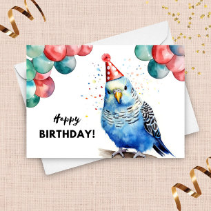Parakeet Budgie Balloons och Party Hat Birthday Kort