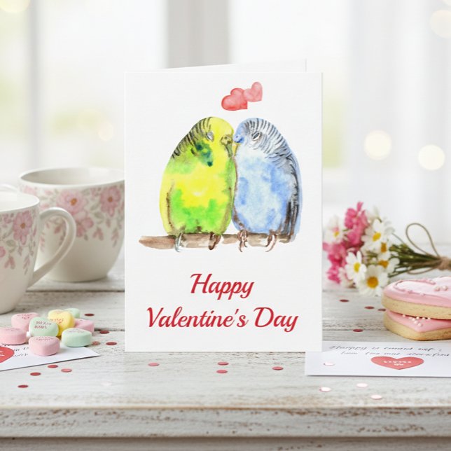 Parakeet Love birds Valentine Day Watercolor Kort (Skapare uppladdad)