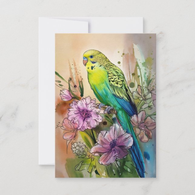 Parakeet och Lila blommor Tack Kort (Framsida)