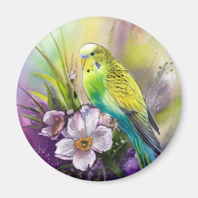 Parakeet och White Flowers Magnet (Framsidan)